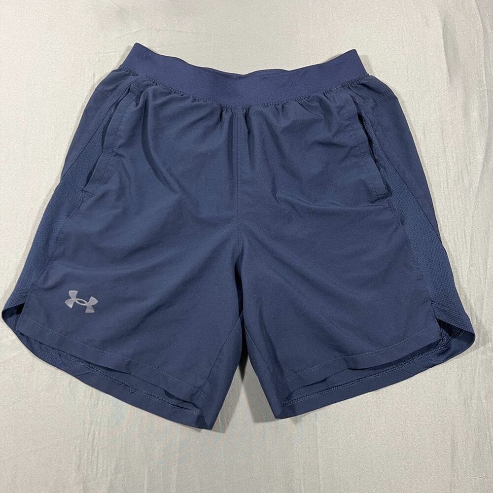 Under Armour Fitted Launch Run Shorts Mens Medium Navy Blue Logo Drawstring